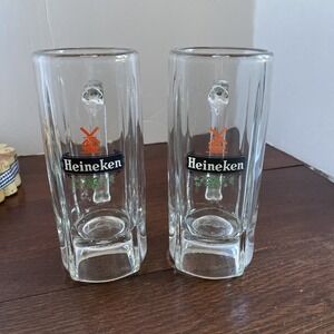 Heineken Beer Stein Mugs‎ 2 Heavy Thick Clear Glass Holland Windmill 6.5 Vintage